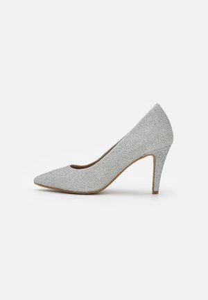 Pointed-toe silver high-heeled shoe with a textured fabric upper, slim stiletto heel, and a sleek silhouette.