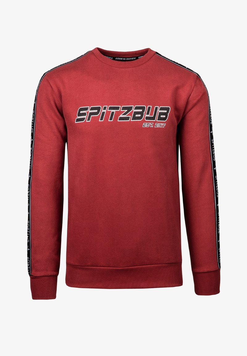 Sweat-shirt rouge à manches longues avec inscription noire et blanche "SPITZBUB EST. 2K17" sur la poitrine et bande noire avec texte blanc le long des manches.
