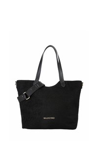 Sac cabas noir en tissu texturé, avec des poignées en cuir et une bandoulière amovible ornée d'un logo embossé. Accent doré à l'avant.