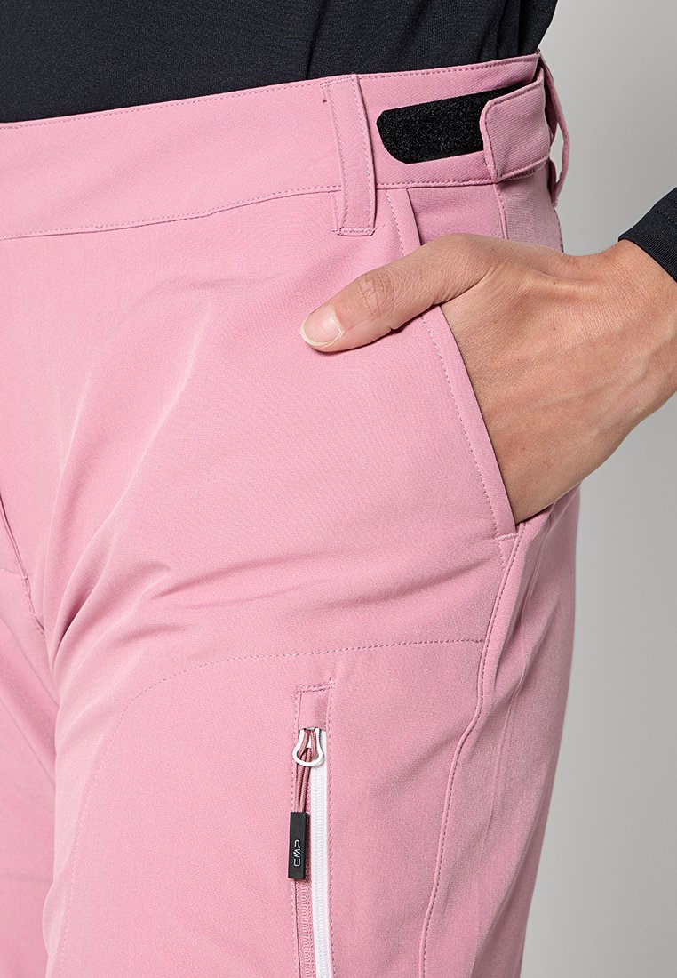 Hellrosa Hosen aus strukturiertem Stoff, mit einer seitlichen Reißverschlusstasche, verstellbarem Bund und schlankem Design in taillierter Form.