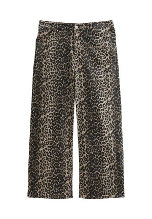 Leopardenmuster weite Beine Hosen aus einem strukturierten Stoff, in Braunnuancen und Schwarz, mit einem klassischen Fünf-Taschen-Design und Knopfverschluss.