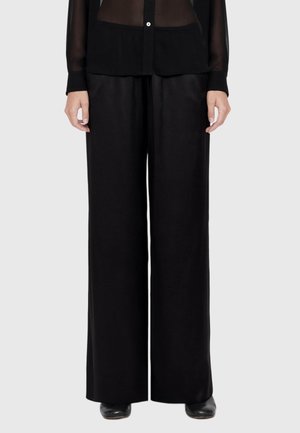Person wearing black wide-leg pants, black sheer buttoned top, and black shoes standing against a plain gray background.