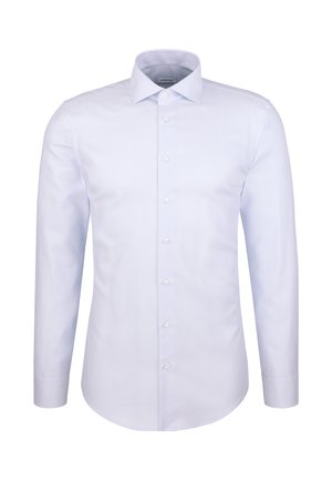 Hellblaues langärmliges Herrenhemd mit klassischem Kragen und Knopfleiste, auf einem schlichten weißen Hintergrund präsentiert.