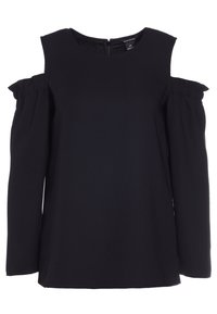 Svart långärmad topp med kallaxeldesign, volangdetaljer vid axlarna och rakt avslut. Tillverkad av lättviktsmaterial.