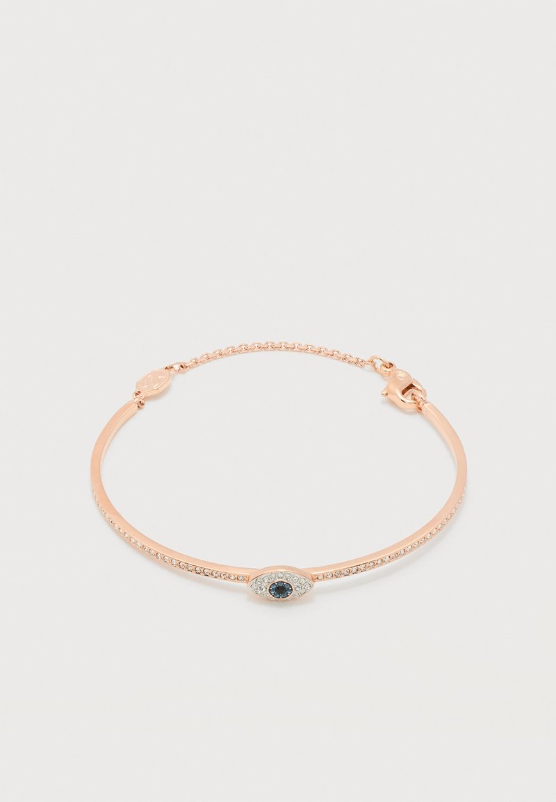 Βραχιόλι ροζ χρυσού με μενταγιόν σε σχήμα ματιού στο κέντρο, που διαθέτει σκοτεινό μπλε κεντρικό λίθο και μικρά διαυγή κρύσταλλα στη στεφάνη και στο μενταγιόν.