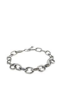 Metallkette Choker-Halskette mit miteinander verbundenen, polierten silbernen Gliedern in unterschiedlichen Formen und einem kleinen verstellbaren Verschluss.