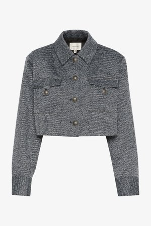 Jachetă croită, cu model houndstooth gri, dintr-un material texturat. Are două buzunare frontale și cinci nasturi, cu un guler clasic și mâneci ajustate.