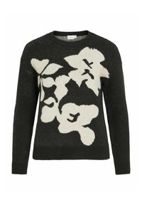 Černý svetr s měkkým, texturovaným povrchem s velkým bílým květinovým vzorem. Klasický kulatý výstřih a vroubkované manžety.