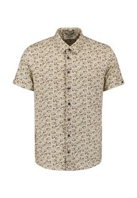 Korte mouw shirt in beige met een bladerenpatroon, voorzien van een button-down kraag en donkere knopen, gemaakt van lichte stof.