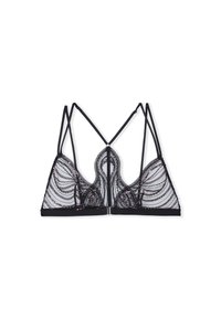 Bralette in pizzo nero con intricati motivi a onda in paillettes, spalline regolabili e chiusura a gancio sul retro.