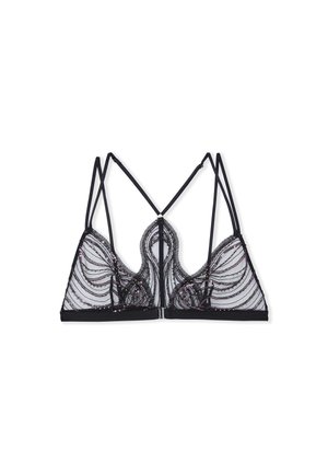 Bralette in pizzo nero con intricati motivi a onda in paillettes, spalline regolabili e chiusura a gancio sul retro.