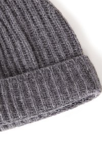 Gray knit beanie made from textured wool, featuring a ribbed pattern and a folded cuff at the bottom.