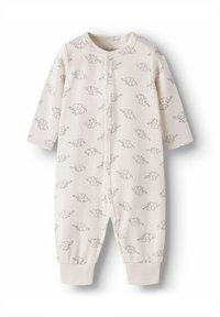 Vit babypyjamas med grå elefantmönster, långa ärmar, tryckknappar och åtsittande muddar. Mjuk stretchig tyg för komfort.