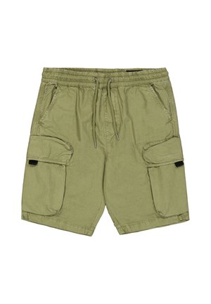 Olivgrüne Cargo-Shorts mit elastischem Bund, Kordelzug, zwei Seitentaschen und zwei Klapp-Cargo-Taschen mit schwarzen Verschlüssen.
