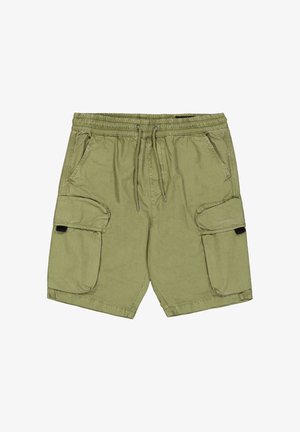 Olivgrüne Cargo-Shorts mit elastischem Bund, Kordelzug, zwei Seitentaschen und zwei Klapp-Cargo-Taschen mit schwarzen Verschlüssen.