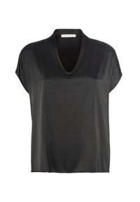 Top nero a maniche corte realizzato in un tessuto leggero e liscio, con scollatura a V e una vestibilità rilassata. Senza fantasie né parti metalliche visibili.