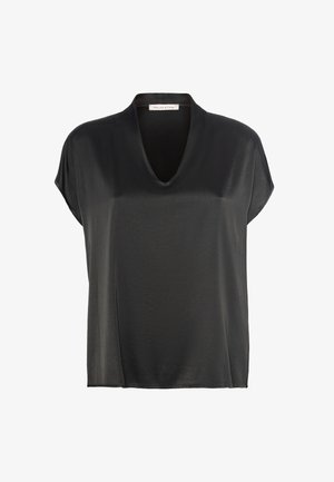 Black, short-sleeve top made of a smooth, lightweight fabric with a V-neckline and a relaxed fit. No patterns or visible hardware.