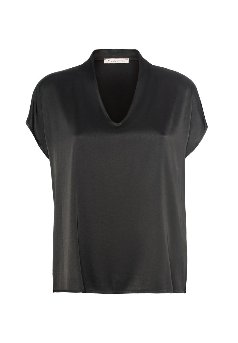 Top nero a maniche corte realizzato in un tessuto leggero e liscio, con scollatura a V e una vestibilità rilassata. Senza fantasie né parti metalliche visibili.