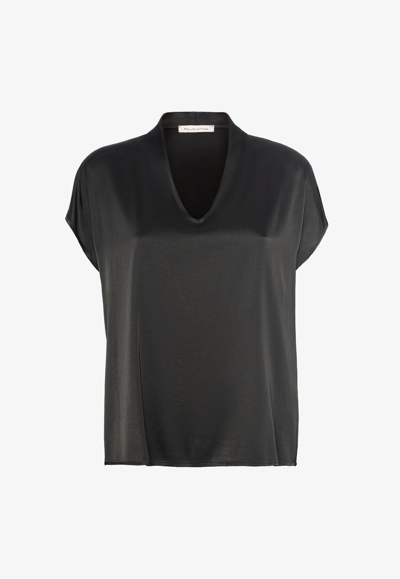 Top nero a maniche corte realizzato in un tessuto leggero e liscio, con scollatura a V e una vestibilità rilassata. Senza fantasie né parti metalliche visibili.
