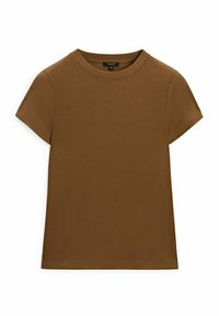 Brun kortærmet T-shirt lavet af bomuld. Har en rund hals og en afslappet pasform, med en glat, utextureret overflade. Ingen mønstre eller accenter.