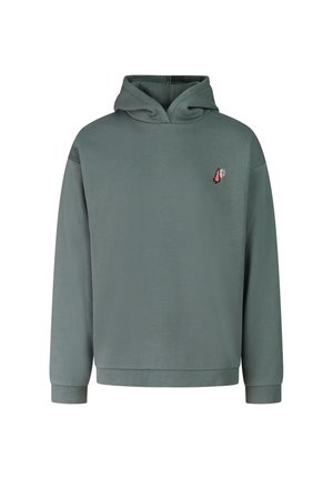 Donkergroene hoodie met lange mouwen en klein roze geborduurd ontwerp van boom en wereldbol op de linkerborst.