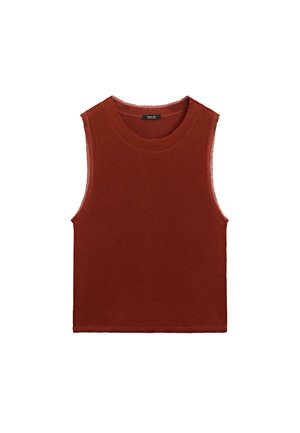 Red sleeveless top made of soft cotton with a crew neck and raw hem edges, featuring a simple design and smooth texture.