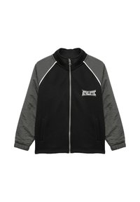 Zwarte zip-up jack met grijze mouwen, voorzien van een hoge kraag, witte piping details en een "Athletic" logo op de borst.