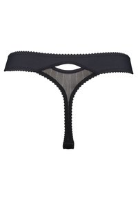Schwarze Tanga-Unterwäsche mit einem festen Bund und einem Netzmittelteil mit einem kleinen Ausschnitt. Die Kanten sind mit einer gewellten Veredelung versehen.