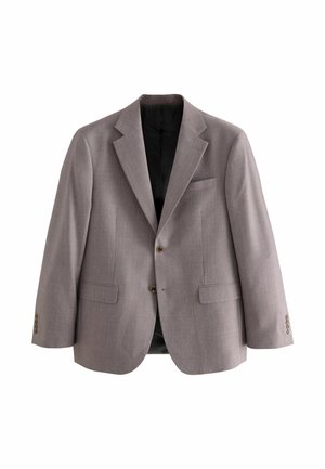 Ljusgrå blazer gjord av texturerad tyg, har två framfickor, en bröstficka och mässingsknappar på ärmarna. Insidan har en svart foder.