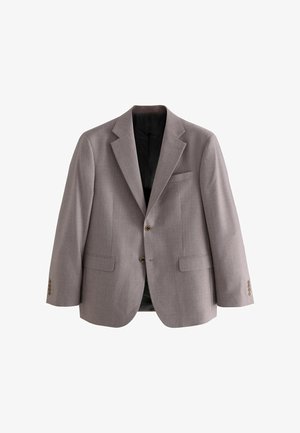 Blazer gri deschis dintr-un material texturat, cu două buzunare frontale, un buzunar pe piept și nasturi din alamă la manșete. Interiorul este căptușit cu o căptușeală neagră.