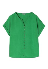 Blusa verde a maniche corte realizzata in tessuto leggero, con scollatura a V e una fila di bottoni marroni sul davanti, con orlo curvo.