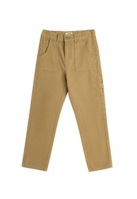 Beige bukser lavet af struktureret stof, med to forlommer, knaplukning og lige ben med sidesøm detaljer.