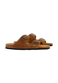 Sandales en cuir marron avec deux sangles ajustables. Semelle en liège avec un sol texturé et un fond en caoutchouc noir pour la durabilité.
