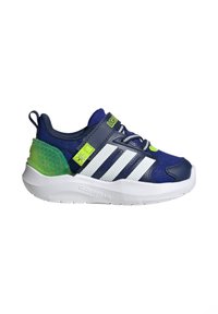 Navy blue athletic shoes with white and green accents, mesh and synthetic materials, round toe, cushioned sole, and decorative lacing.
