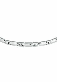 Bracciale in metallo argento lucido con maglie rettangolari e ovali, caratterizzato da una superficie liscia e un design uniforme in tutta la sua lunghezza.