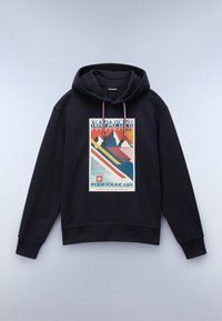 Felpa navy con grafiche colorate di montagne e testo. Include lacci con accenti rossi, blu e bianchi e polsini a coste.