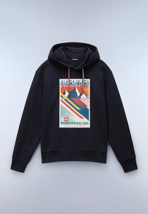 Navy hoodie featuring a colorful mountain graphic print with text. Includes drawstrings with red, blue, and white accents and ribbed cuffs.