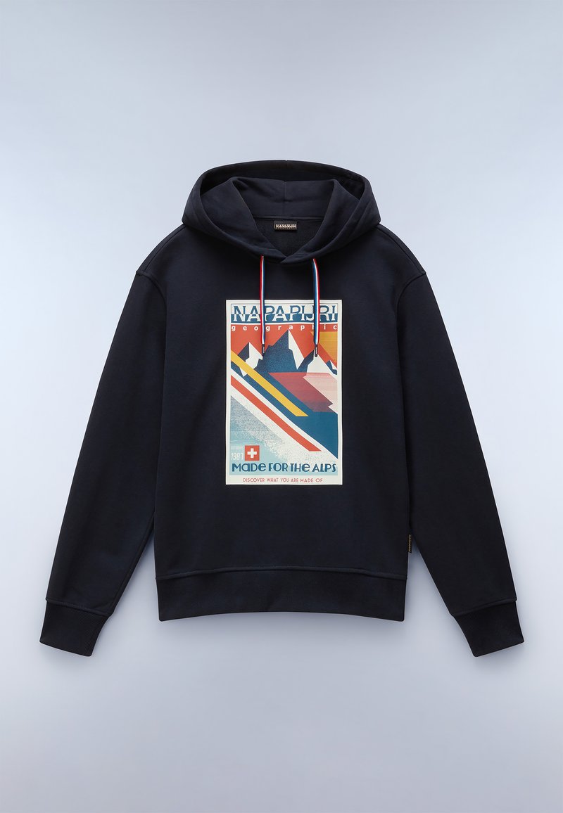 Felpa navy con grafiche colorate di montagne e testo. Include lacci con accenti rossi, blu e bianchi e polsini a coste.