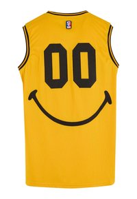 Dzeltena basketbola krekla ar melna smaida seju dizainu un melniem numuriem "00". Izgatavots no acs auduma ar melnām apmalēm.