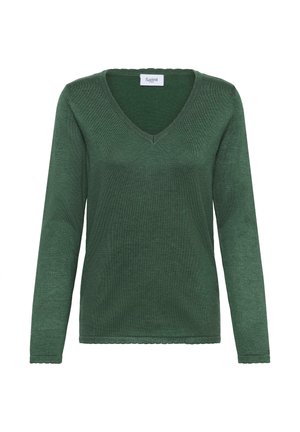 Suéter de punto de manga larga en verde oscuro con escote en V y bordes festoneados en los puños y el dobladillo, etiqueta "Saint" en el cuello.