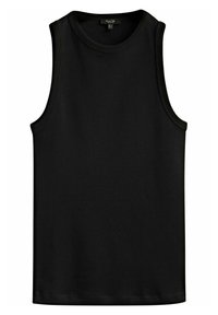 Top noir sans manches en tissu lisse, avec un col rond et des bords nets, sans motifs ni accents matériels.