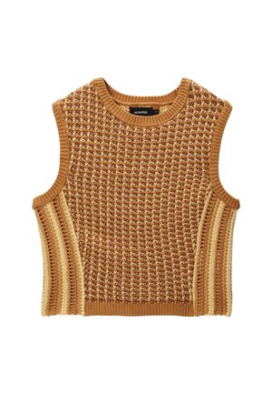 Pull à manches sans fin tricoté beige, présentant un motif texturé avec des détails côtelés le long de l'ourlet et des panneaux latéraux dans une teinte plus claire.