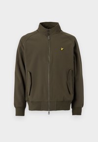 Giacca verde oliva con chiusura a zip, collo alto e tasche laterali. Presenta un piccolo logo giallo sul petto e polsini elasticizzati.