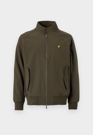 Olijfgroen jack met ritssluiting, hoge kraag en zijzakken. Heeft een klein geel logo op de borst en elastische manchetten.