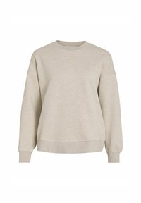 Jasno-beżowa bluza z miękkiego materiału, z okrągłym dekoltem, opadłymi ramionami oraz subtelnym logo wyszytym na przodzie.
