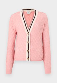 Roza adīta kardigāna ar strukturētu dimanta rakstu, V veida kakla izgriezumu, krēmkrāsas un brūnas ribas apmali, kā arī apaļām pogām priekšpusē.