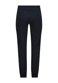 Pantalon de survêtement bleu marine en tissu doux, avec une taille élastique et des poignets fuselés pour un look ajusté. Aucun motif ou accent visible.