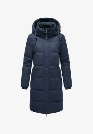 Abrigo acolchado de color azul marino con cuello alto, capucha ajustable y bolsillos laterales. Presenta un cierre de cremallera y puños acanalados.