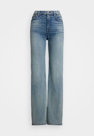 Jeans blu chiaro a gamba dritta in denim. Presentano uno stile classico a cinque tasche con cuciture a contrasto e chiusura con bottone.