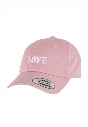 Pink cotton baseball cap with white embroidered "LOVE" text on the front. Features an adjustable strap and eyelet ventilation holes.